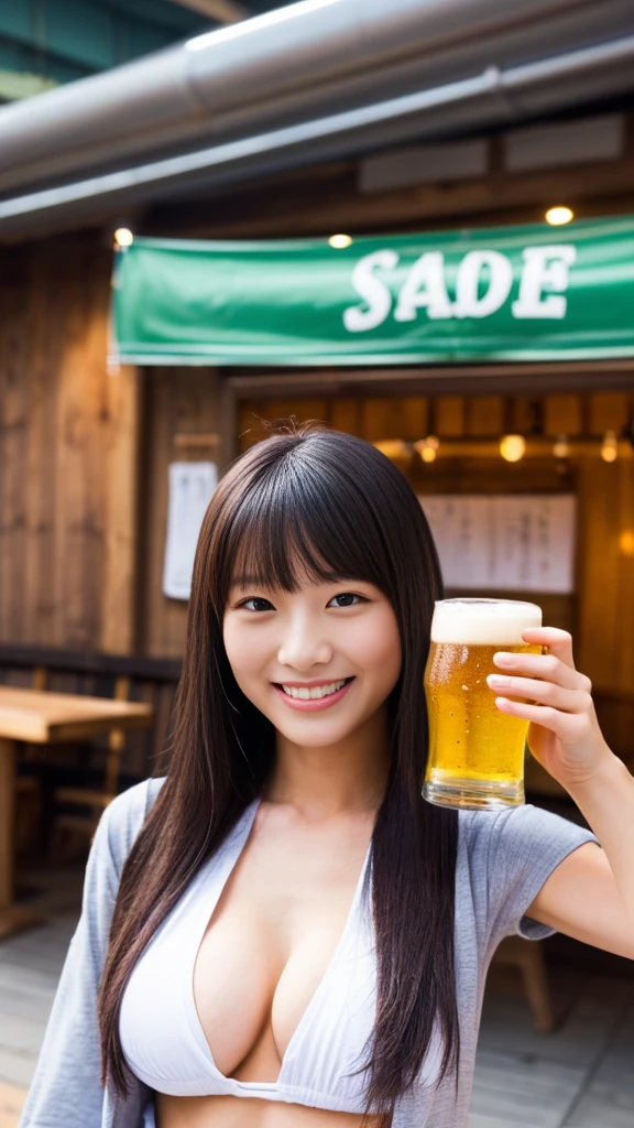 (Top Quality, Masterpiece, Ultra High Definition, Photorealistic:1.4), Raw Photo, 1girl, pretty, Japanese,  (beer girl), (slender, perfect body, abs, Gigantic Breasts), smile, bangs, holding beer, beer server, stadium,