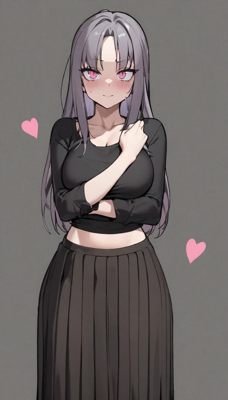 employment,D cup,fit,Black long skirt,Tights,Pants,shirt,Western Metal,Hell Whisperer Style,Lots of pink hearts,background,Height Rendering,Delicate face