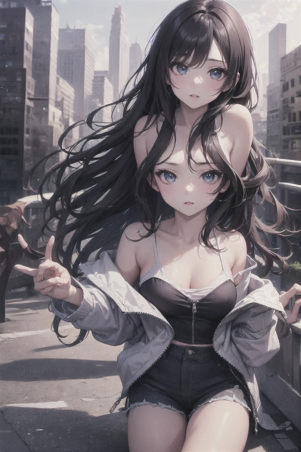 One girl,cute, Medium , Wavy Hair, View your viewers,crystal eyes, Black Hair,Day,Cityscape, Shorts, Off the shoulder, shoulders, , Detailed Background,Glossy Lips,