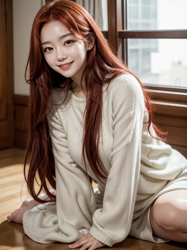 Korean woman with long red hair smiling, face photo, indoors smiling