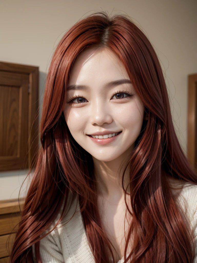 Korean woman with long red hair smiling, face photo, indoors smiling
