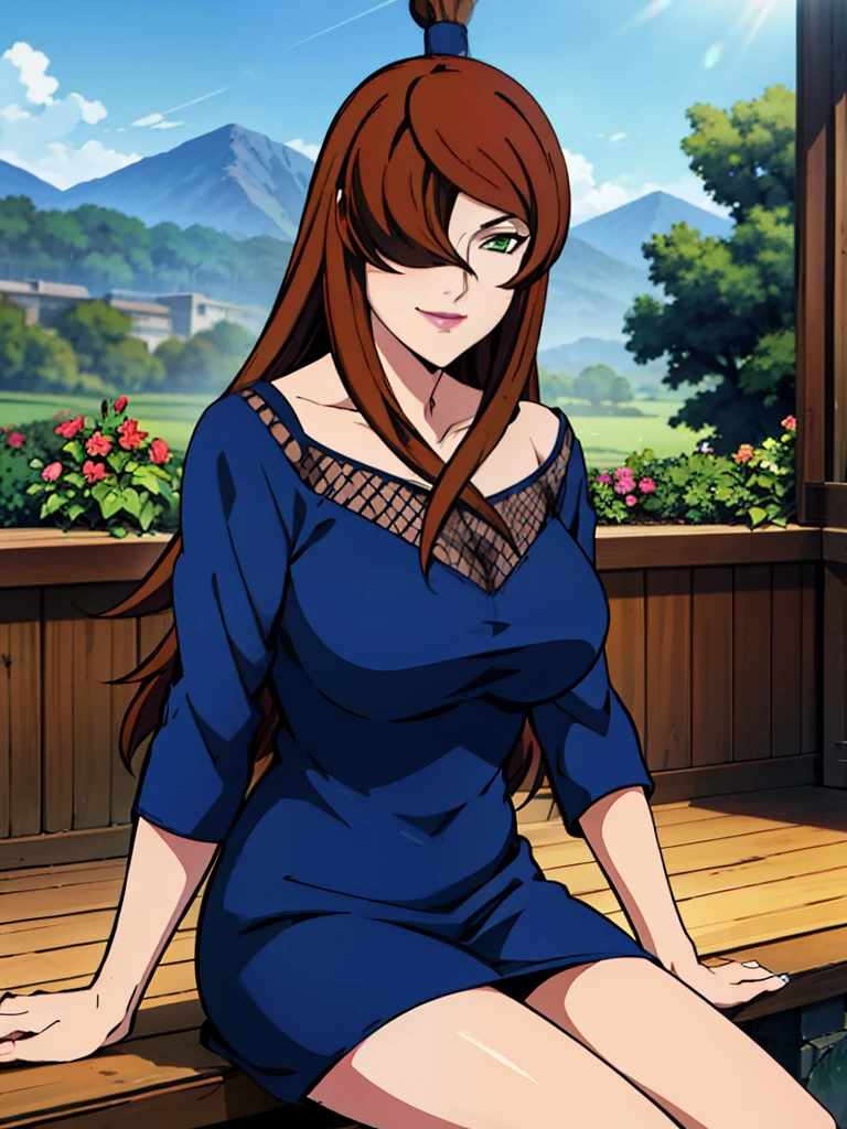 sitting on veranda, casual dress, garden background, Mei Terumi, anime cels style, best quality, high resolution, 1girl, (large breasts:1.2), beautiful face, long hair, brown hair, green eyes, ((hair over one eye)), lipstick, cowboy shot, light smile