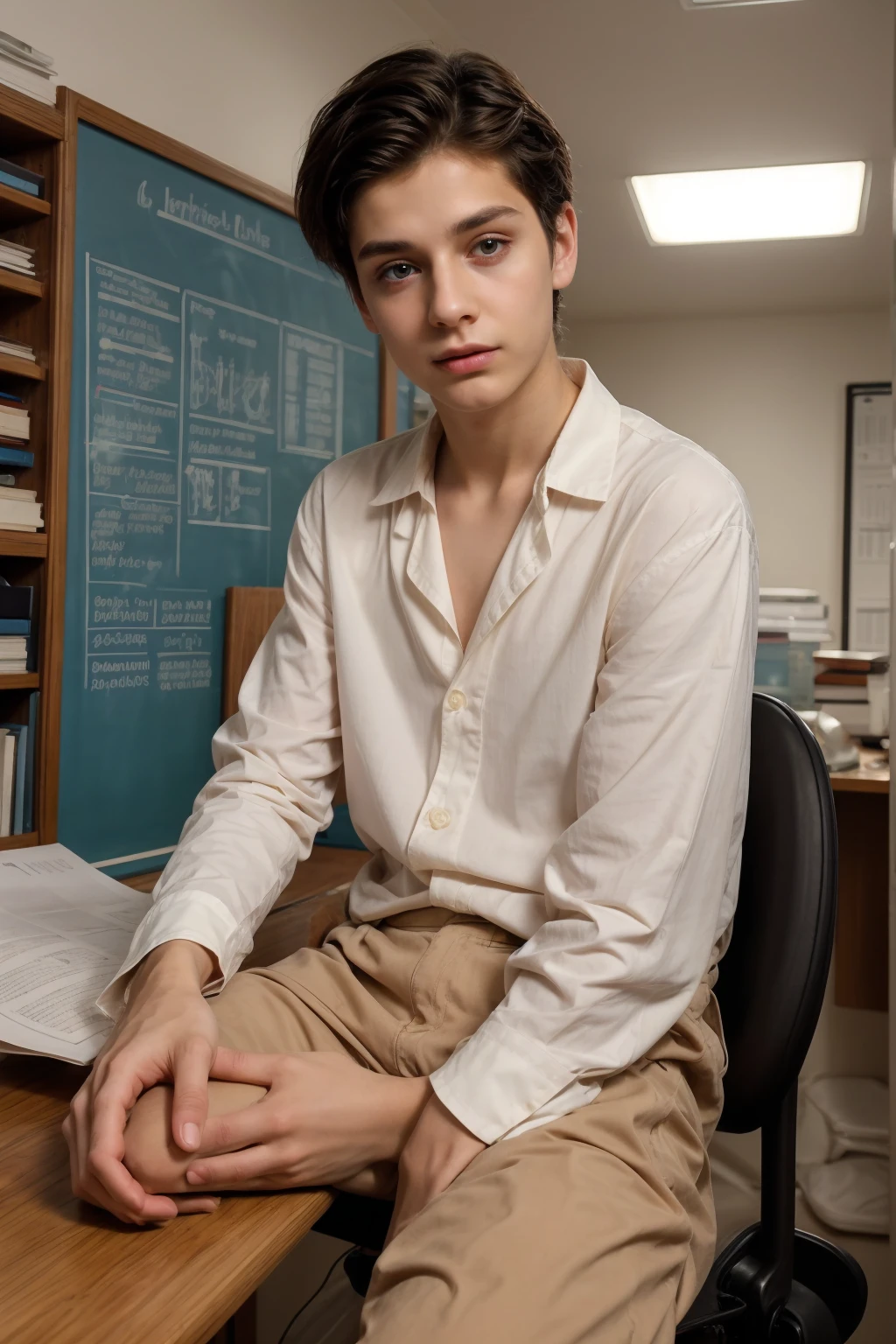 A young male twink, cute and beautiful, with a beautiful face with makeup and blush, and black hair, and his eyes have dark circles under them. He is wearing a long-sleeved aquamarine shirt and white jeans. He is in his scientific office, studying on the blackboard with brain anatomy written on it, and on his desk are medical and scientific books. Brain anatomy manuscripts