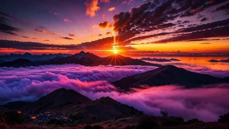 A breathtaking sunset scene under the vibrant sky, with dramatic clouds casting a silhouette of silhouetted mountains against an orange and purple backdrop