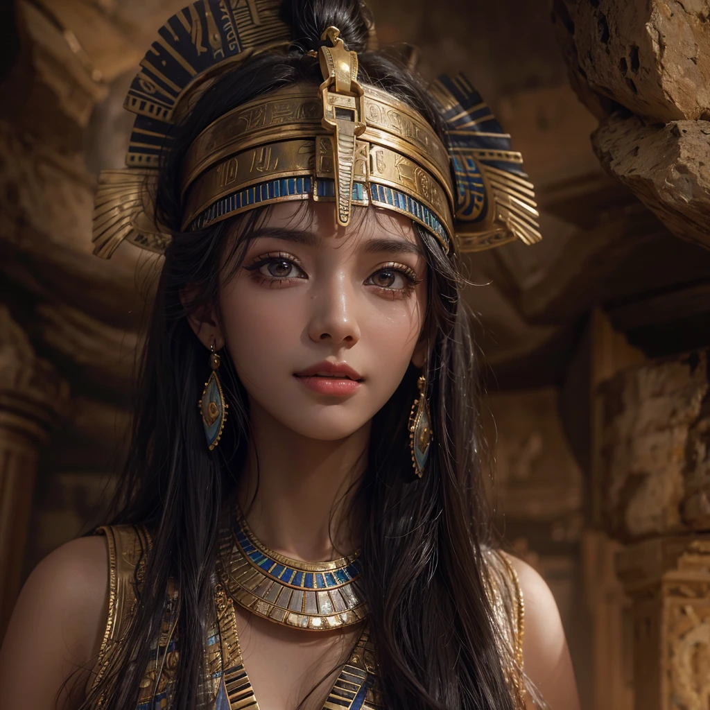 Standing in an ancient Egyptian cave、Blowing hair 、 ((Highest quality、masterpiece、8K、Best image quality、Ultra-high resolution、Award-winning works)、(Accurate anatomy:1.1)、(Look at me and smile:1.0)、Shining fair skin with Ultra-high resolution、The most detailed face、Ultra-high resolution detailed face、Ultra-high resolutionの髪の毛、(Ultra-high resolution eye:1.1)、Beautiful face drawn in every detail、Ancient Egyptian costumes, Chest to chest,  Dark atmosphere,Dark Light, Ancient Egyptian makeup, 