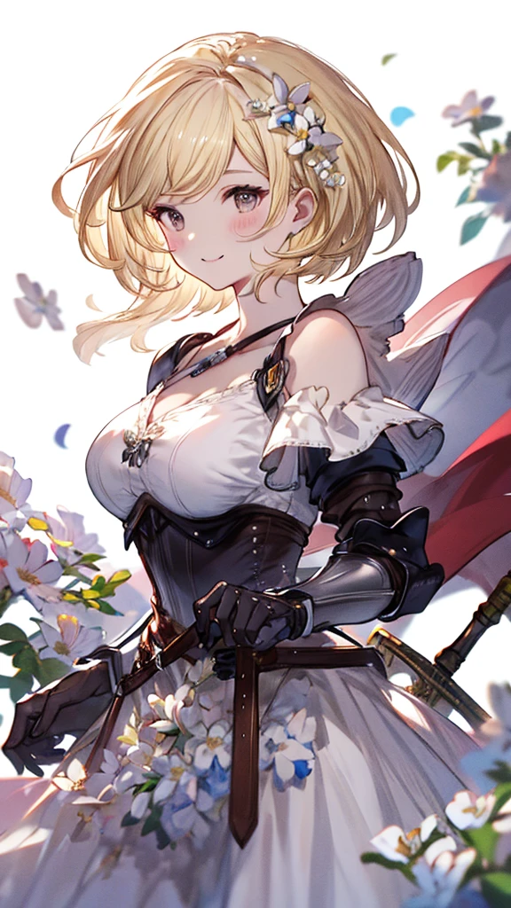 masterpiece、Highest quality、blonde、Shortcuts、White flower corsage、blush、woman、Big Breasts、Backwards、Sword、Show your back、（White Wedding Dress）、White flowers on a simple background、Frills、Short skirt、Like a bride、Super detailed、8K、One person、smile、The face is Djeeta、Armor only on shoulders、Natural Hands、White skin、