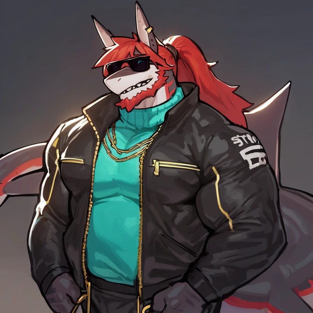 bright red skinned bara shark, very large pecs, strong physique scarlet samurai hair in ponytail, cyan colored eyes, black sclera, very muscular, perfect anatomy, masterpiece, beard, strong jaw, giant biceps, shark tail, wearing turtleneck and jacket, stylish clothes, solo, techwear, stylish, gold chains, piercings, sunglasses, fashion, great lighting, by bebebebe, by ZIXiong, by zackary911, by SligarTheTiger, by RED8EAN, full body shot, thick thighs, tattoos