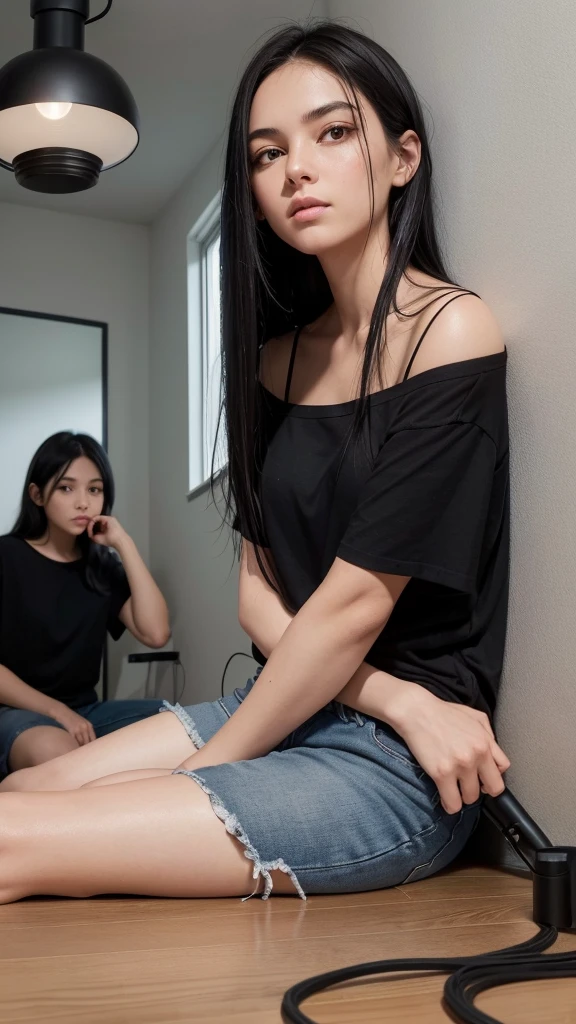 a woman wearing a black shirt and black denim shorts with long black hair she is in a small, empty room with gray walls she is sitting on the floor with her back against the wall there is a light bulb that is coming from the ceiling with a very long wire to it woman is holding the lamp by the cord close to her face the lamp is on illuminating the room, the entire image has a slightly grayish tone the perspective of the image is frontal where we can see the woman and her dark brown eyes, she wears makeup around her eyes, behind the woman is the gray wall, the floor is woody.