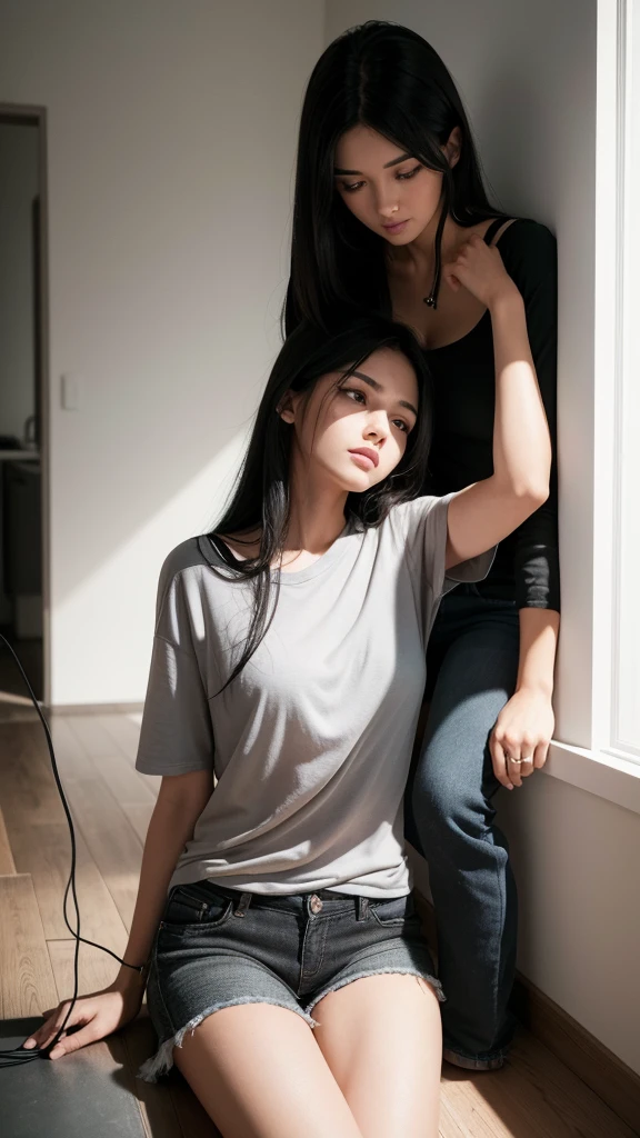a woman wearing a black shirt and black denim shorts with long black hair she is in a small, empty room with gray walls she is sitting on the floor with her back against the wall there is a light bulb that is coming from the ceiling with a very long wire to it woman is holding the lamp by the cord close to her face the lamp is on illuminating the room, the entire image has a slightly grayish tone the perspective of the image is frontal where we can see the woman and her dark brown eyes, she wears makeup around her eyes, behind the woman is the gray wall, the floor is woody.