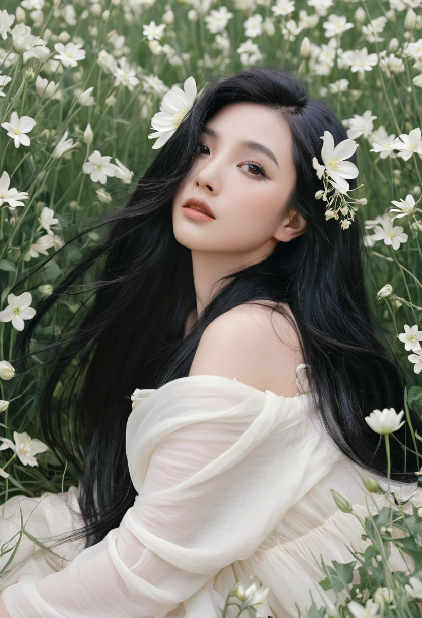 a woman with long black hair and white flowers in her hair is laying down in a field of white flowers, (amy sol:0.248), (stanley artgerm lau:0.106), (a detailed painting:0.353), (gothic art:0.106)