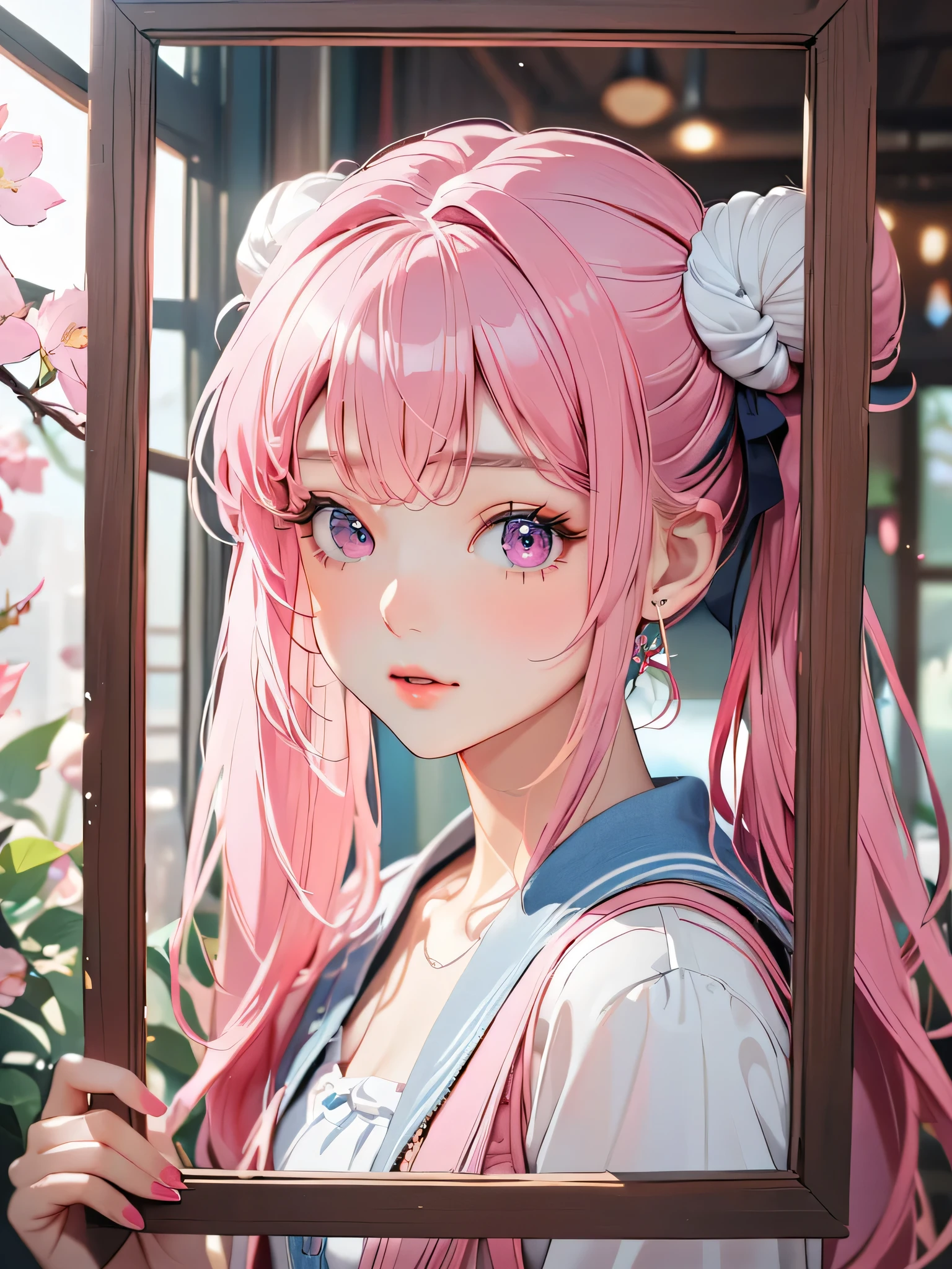(((How to cut paper))), (The frame of the illustration is a 3D paper cut: 1.2), (colorful), 1 Girl, Pink long hair, Twin tails, cap, denim, shirt, A dog and a girl,masterpiece, Highest quality, High resolution, {Detailed and beautiful eyes}, finely, Detailed and beautiful eyes,1 Girl, (alone:1.5), (Hair Ribbon:0.4), Pink Eyes,(((White bun hair))),(((Long pink hair))),
