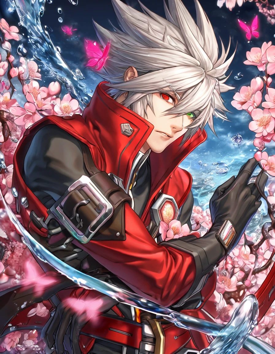 (absurdres, highres, ultra detailed, HDR) master piece, best quality, delicated features, Ragna the bloodedge, white spiky hair, heterochromia, his left eye being green, his right being red, Blazblue, his clothing consists of a hybrid of modern, futuristic and old features, he wears a vibrant red sleeved jacket, under it is a black shirt with three red belts and also several belts covering his right arm, he wears a pair of black gloves, solo, sexy man, handsome, water, blossoms, pink butterflies, pink flowers