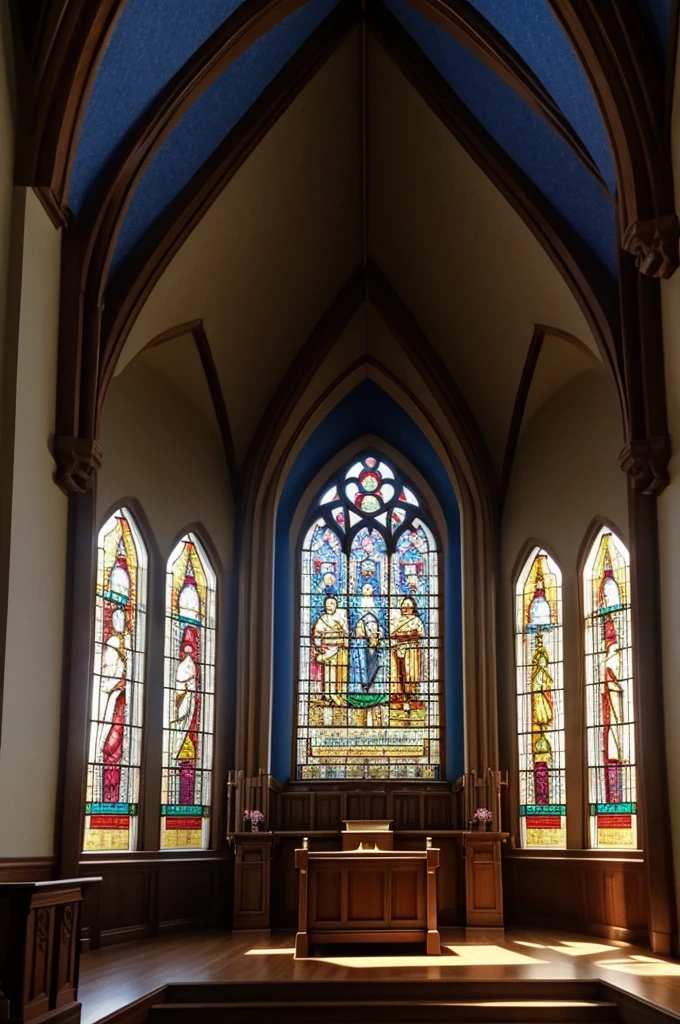 Realistic image of a church altar depicting the Trinity, stained glass windows, warm sunlight filtering through, serene atmosphere, detailed craftsmanship, spiritual serenity