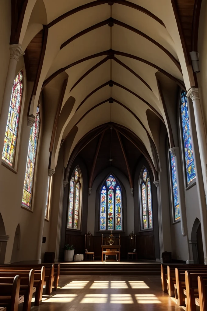 Realistic image of a church altar depicting the Trinity, stained glass windows, warm sunlight filtering through, serene atmosphere, detailed craftsmanship, spiritual serenity