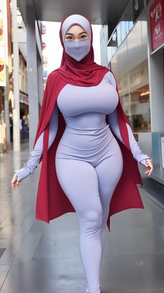 1 woman, woman wearing a hijab, Asian woman, hyper woman, seductive, charming, beautiful, big breasts, big hips, wearing an Ultraman costume, tight and shiny clothes, standing in a city center building, 