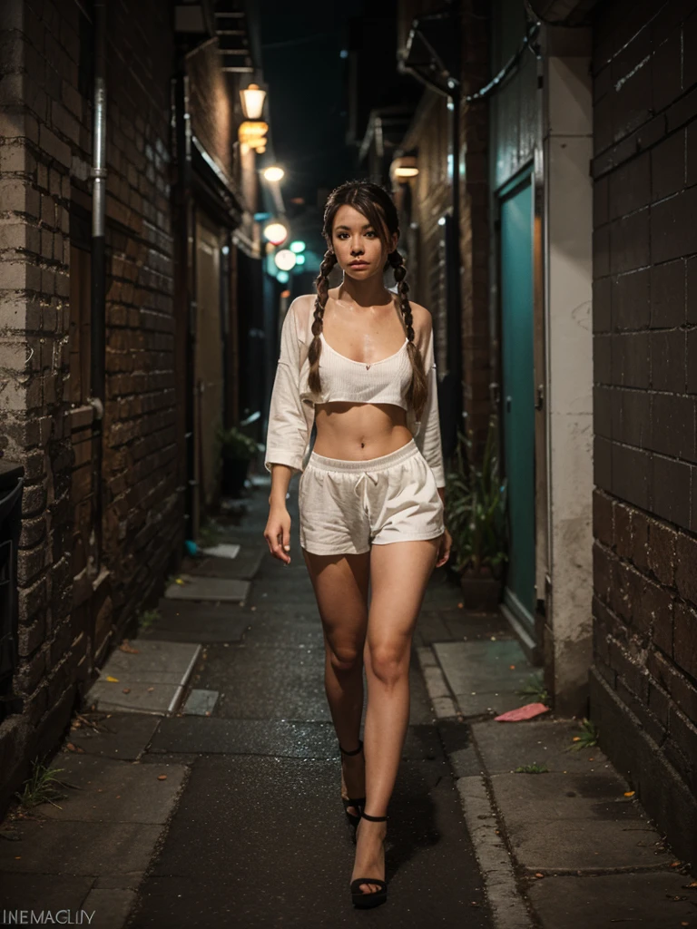 walking down a dark alley wearing a outfit and combed with two loose long pigtails