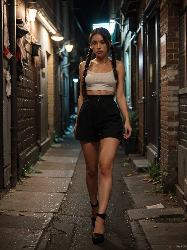 walking down a dark alley wearing a outfit and combed with two loose long pigtails