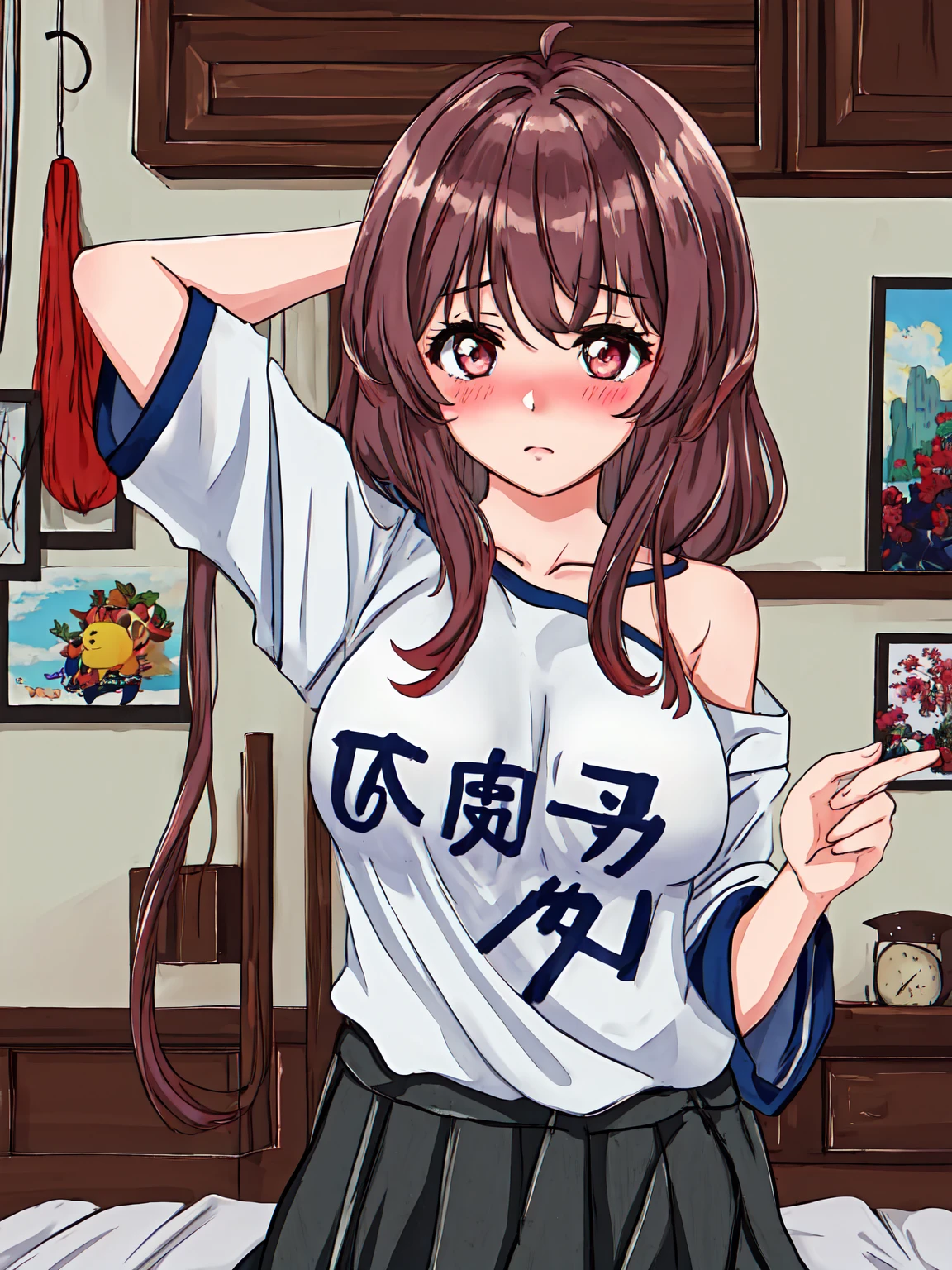 (masterpiece, Highest quality), One girl, Oversized shirt, off_shoulder, Blushing, Embarrassing, Innocent, Bedroom 、(Big Breasts：1.4)、(The valley is visible：1.2)