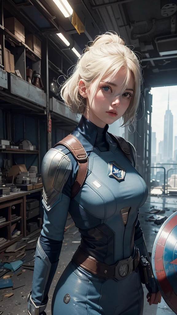 (1girl:1.3), solo, __body-parts__, official art, unified wallpaper 8k, super detailed, beautiful and aesthetic, beautiful, masterpiece, best quality, raw, masterpiece, super beautiful photo, best quality, super high resolution, photorealistic realism, sunlight, full-length portrait, amazing beauty, dynamic pose, delicate face, bright eyes, white hair ((rear view)), she wears a futuristic Captain America costume, blue color scheme, (hand a shield), Capital A on the chest, very detailed abandoned warehouse background, detailed face, detailed complex busy background, dirty, gorgeous, milky white, very detailed skin, realistic skin details, visible pores, sharp focus, volumetric mist, 8k uhd, SLR camera, high quality, film grain, light leather, photorealism, lomography, huge metropolis in a future dystopia, bottom view, translucent