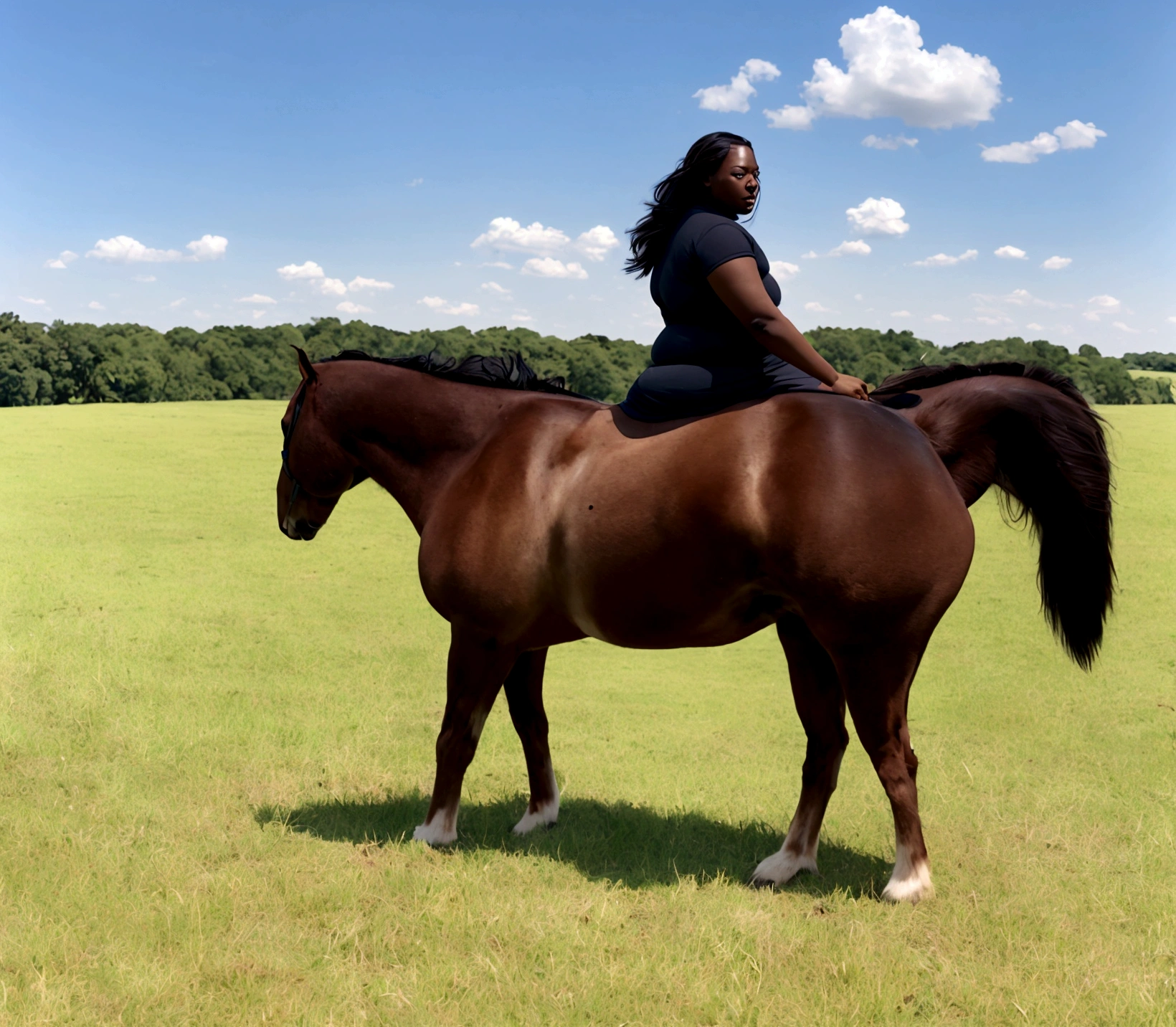 full side view of a big fat Belgian draft horse  mare with a massive bum and a very short tail. horse facing horizon . BBW very full figured very dark skinned BBW nude African woman riding horse. flat grass meadow. looking to horizon . a  single huge  pile of steaming horse dung on the ground behind horse.   cloudless blue sky. 