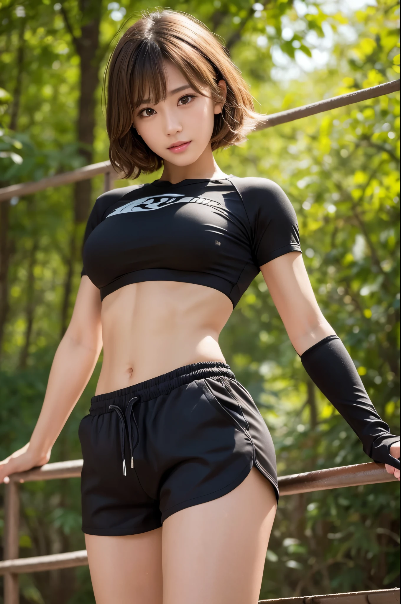 8K,黒と装を着て写真を撮るsmall breasts cat girl, small breasts cat girl, Her light brown hair and short curly hair are attractive., Fantasy art, little cat girl, Vojtek Fuss, Small black and yellow small chest armor, Chiquita, Trending on cgstation,In the woods,Laughter,Light brown permed short hair,Black and yellow shorts,attractive,Ultra-high resolution,Realistic Skin,has cat eyes,Rich colors, Backlight, Cinema Lighting, Film Grain, 50mm lens, Nikon D850,Ultra-high resolution,Ultra-realistic,Compensate,Super sexy,Very violently、Strong abdominal muscles,Big eyes,whole body muscular,concentrated,Strengthen all your muscles,Dynamic pose,and black exterior,and black combat shorts,Very small breasts,