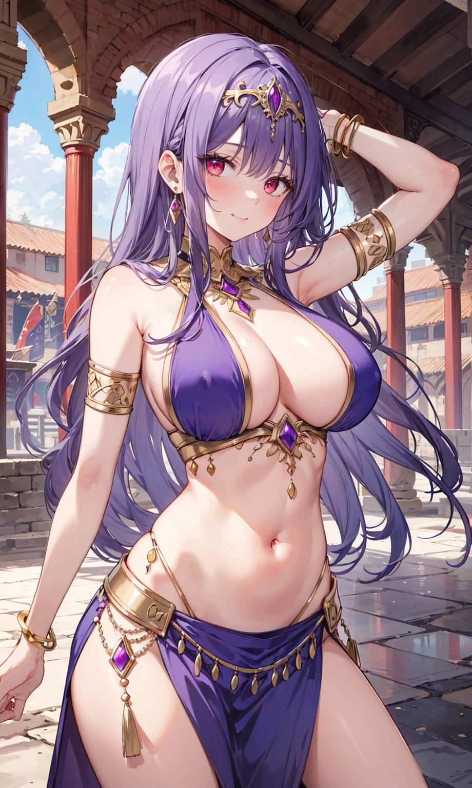 high quality, ultra detailed, best quality, insanely detailed, beautiful, masterpiece, 1girl, medieval plaza, cowboy shot, red eyes, long hair, purple hair, belly dancer, circlet, earrings, armlets, bracelets, bashful smile, large breasts, cleavage, soft stomach