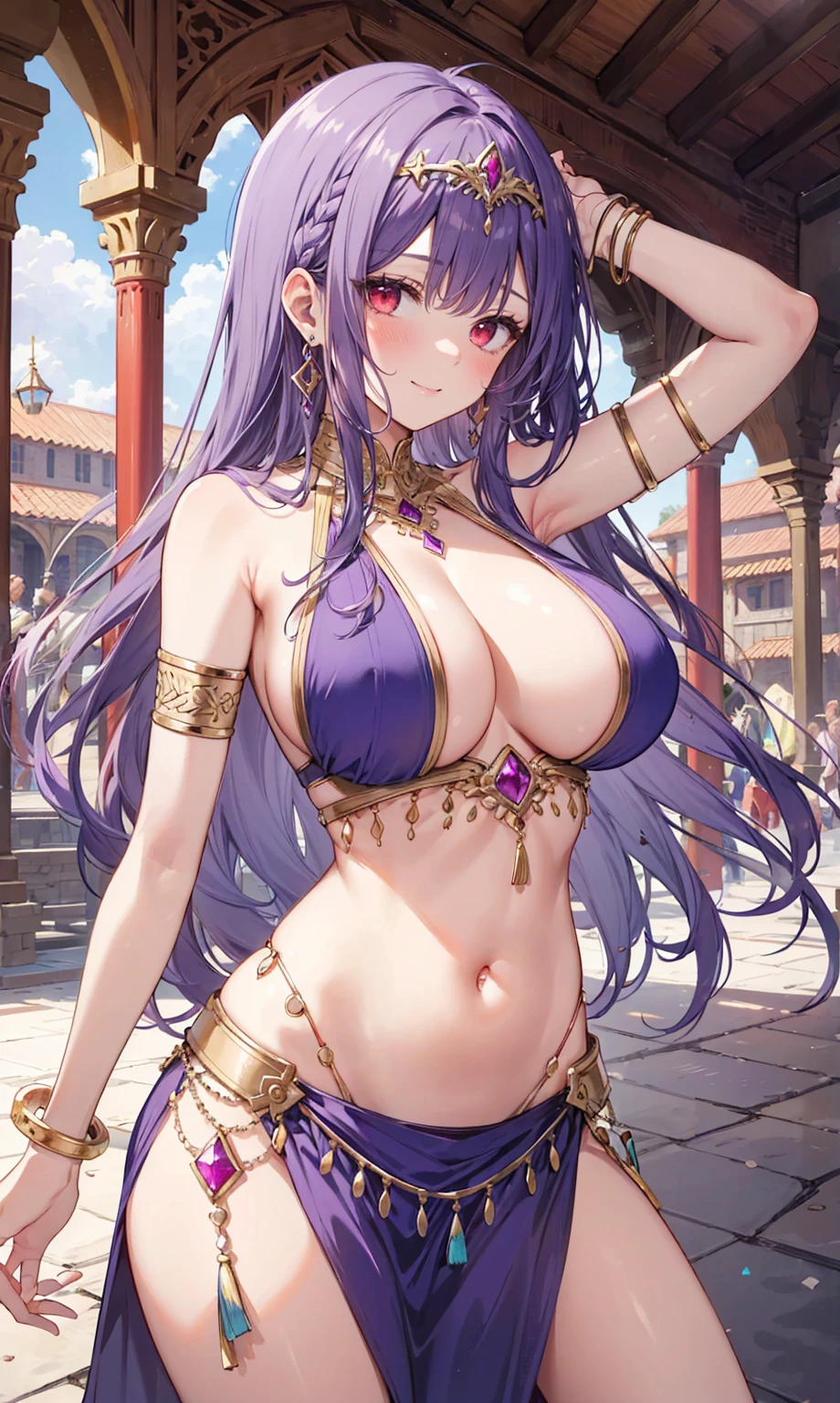 high quality, ultra detailed, best quality, insanely detailed, beautiful, masterpiece, 1girl, medieval plaza, cowboy shot, red eyes, long hair, purple hair, belly dancer, circlet, earrings, armlets, bracelets, bashful smile, large breasts, cleavage, soft stomach