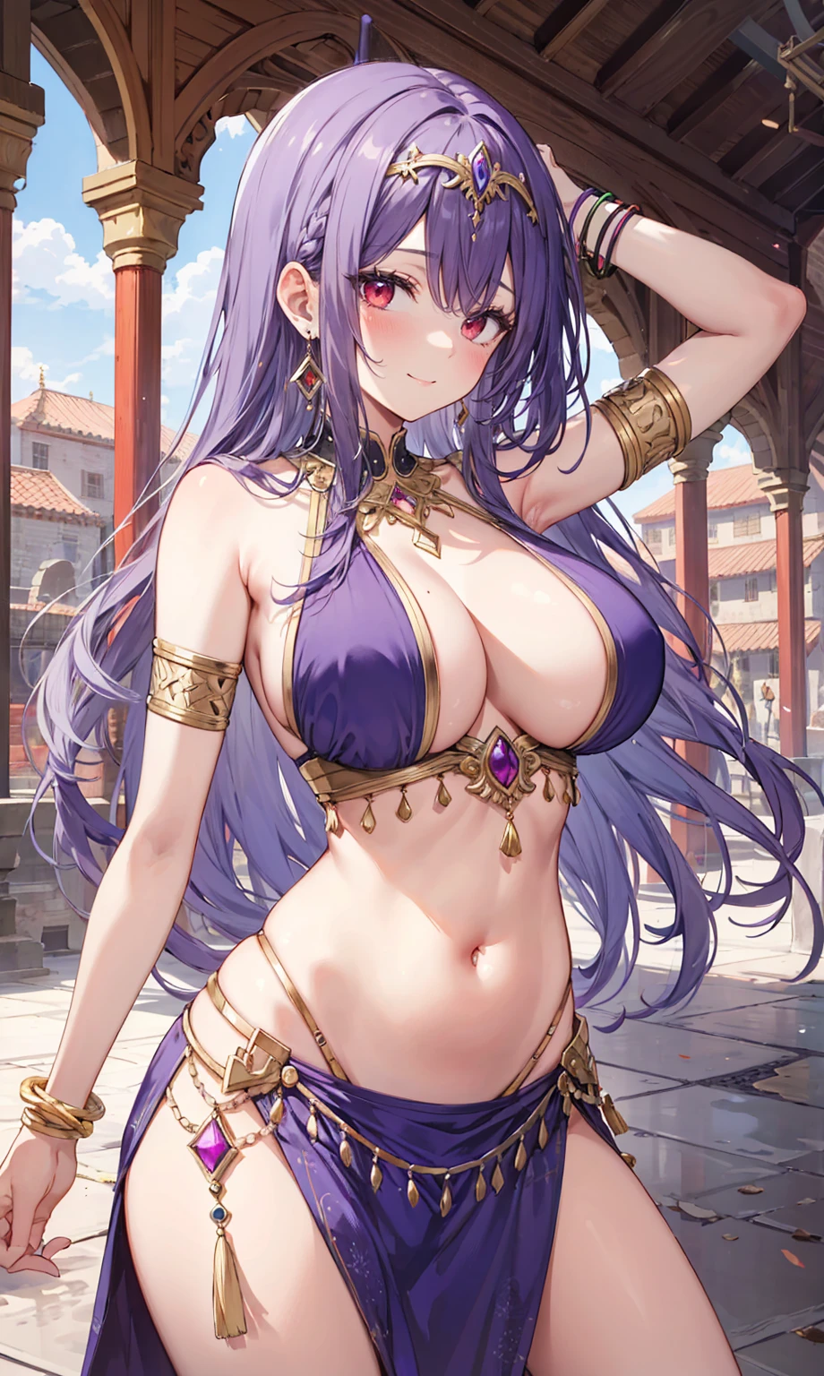 high quality, ultra detailed, best quality, insanely detailed, beautiful, masterpiece, 1girl, medieval plaza, cowboy shot, red eyes, long hair, purple hair, belly dancer, circlet, earrings, armlets, bracelets, bashful smile, large breasts, cleavage, soft stomach