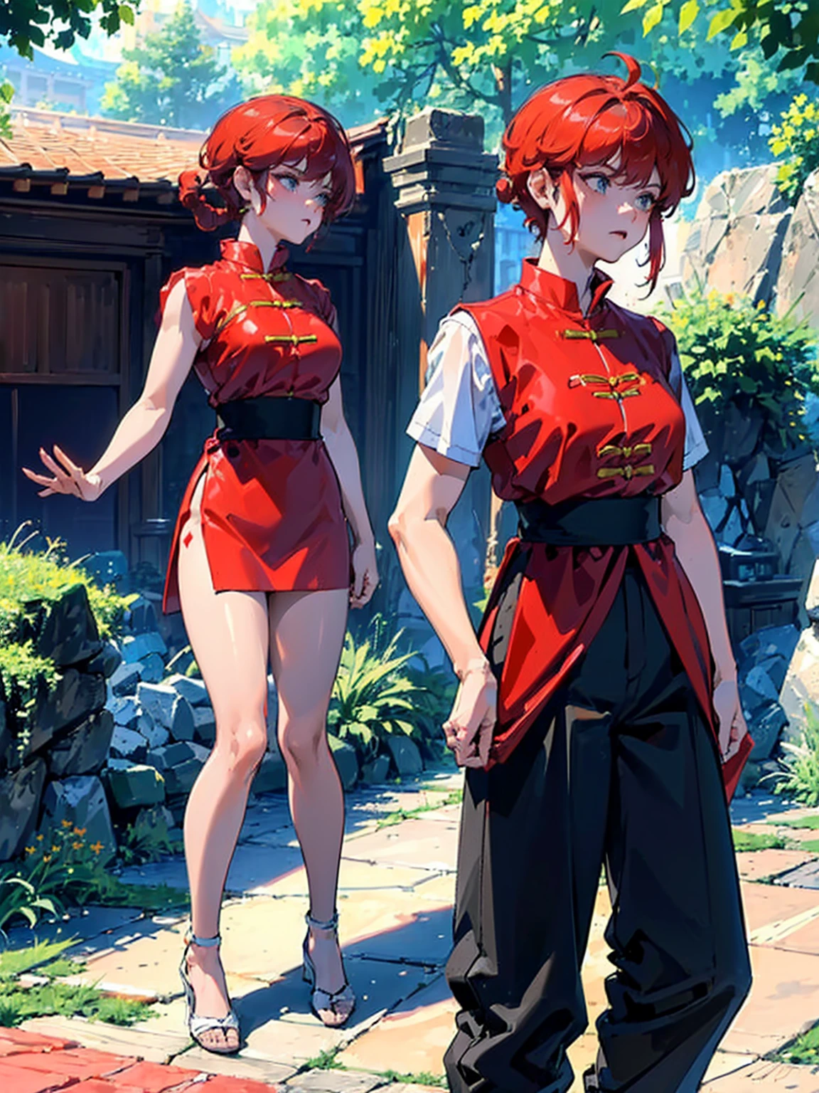 ((masterpiece:1.4)), expensive quality, very_expensive_solve, big_file size, Full Color, Thick outline, Clear contours, colorful, (Beautiful fine details, Are thin:1.4), ((Beautiful Face:1.0)), ((Boyish face:1.4)), 1 girl, (Ranma), (Redhead), short hair, (Braided Ponytail), ((bangs)), bumpy bangs, Blue-gray eyes, Big Breasts, Curvy, Ranma, Braided Ponytail, (Red Chinese Clothing, Short sleeves in red), No sleeve, Tangzhuang, (Black trousers), , Tangzhuang, (Black trousers), Are standing, ((, Are thin:1.4)), ((from the front:1.4)), Are thin:1.4
