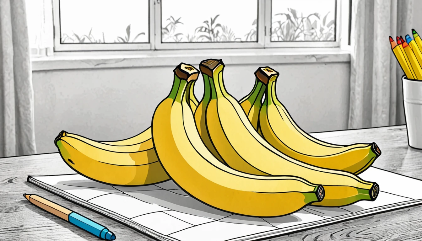 3 Bananas on the table. Children's coloring illustration. Black outline and white background. Picture size --ar 16:9--