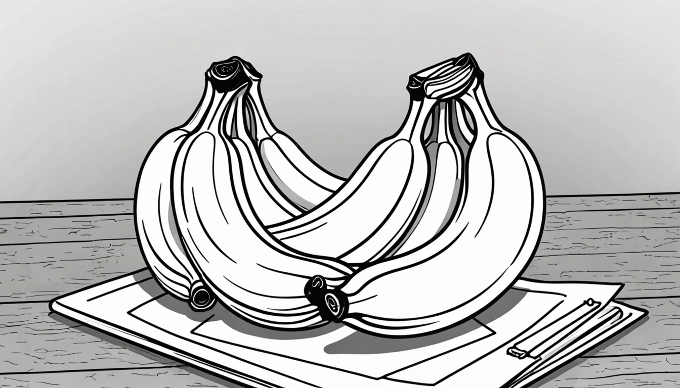 3 Bananas on the table. Children's coloring illustration. Black outline and white background. Picture size --ar 16:9--