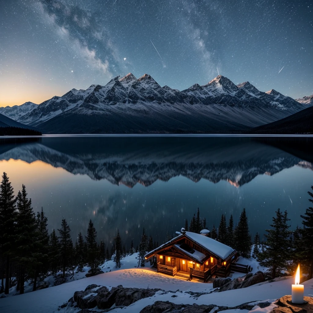 A distant mountain hut illuminated by moonlight、Candle flame、lake、balcony

