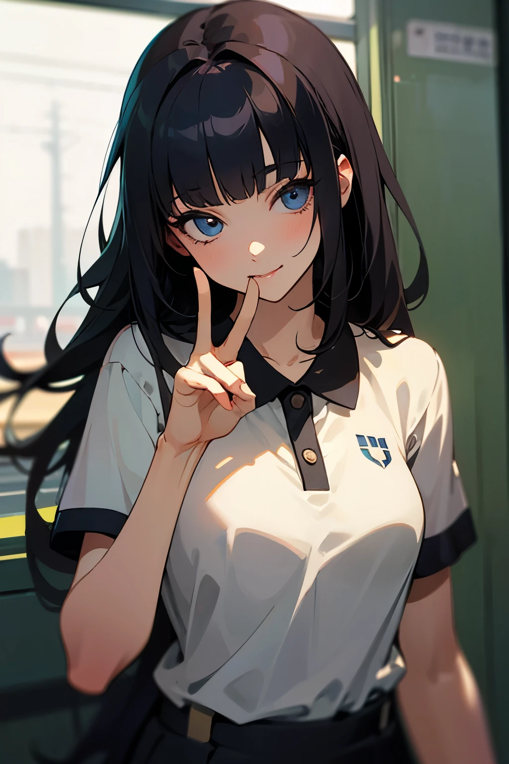 (masterpiece, best quality:1.5), brightering light, beautiful eyes, ultra detailed face, (perfect anatomy:1.5), ((detailed hair)), (professional look),
BREAK 1girl, long hair, black hair, straight hair, blunt bangs, happy, (piece sign:1.5),
BREAK polo shirt,
BREAK (urban setting), indoors train station