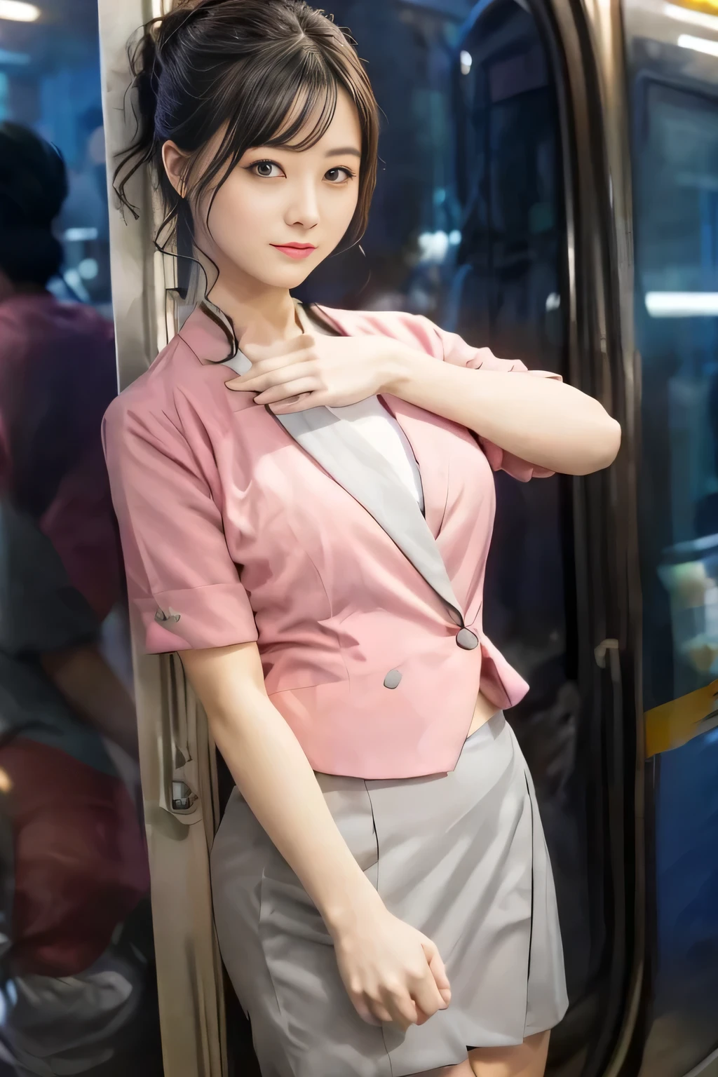 (masterpiece:1.2, Highest quality:1.2), 32k HDR, High resolution, (alone、1 girl)、 (Height: 160cm)、（On the rooftop of a building in the daytime、Professional Lighting）、Building rooftop background、（Nankai train crew uniform pinkを着たリアルスタイル）、（Nankai train crew uniform pink short sleeve collarless pink jacket、Nankai Train Crew Uniform Pink Collarless Short Sleeve Blouse、Nankai Train Crew Uniform Pink Grey Knee-length Culottes）、（The pink jacket is showing from the culottes.）、Dark brown hair、（Hair tied up、Hair tied up、Evening curly hairstyle）、Dark brown hair、Long Shot、Big Breasts、Thin legs、（（Great hands：2.0）），（（Harmonious body proportions：1.5）），（（Normal limbs：2.0）），（（Normal finger：2.0）），（（Delicate eyes：2.0）），（（Normal eyes：2.0））)、smile、（Nankai Train Crew Uniform Pink Grey Knee-length Culottesを見せた美しい歩く姿）、Place your hands around your stomach、Lanyard employee ID card