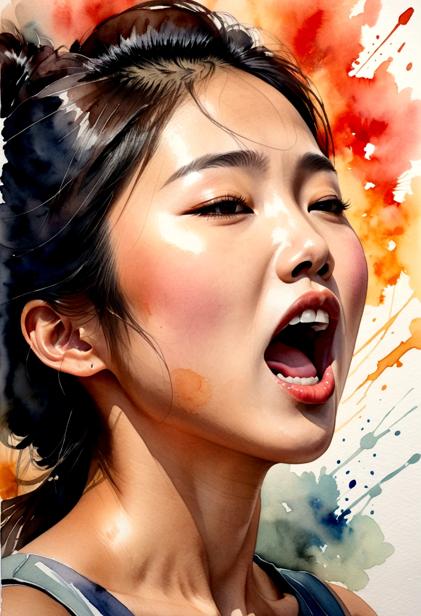 Side view of a young Asian woman,His mouth opened wide and he shouted loudly in anger.,watercolor,abstract art,greatly exaggerated