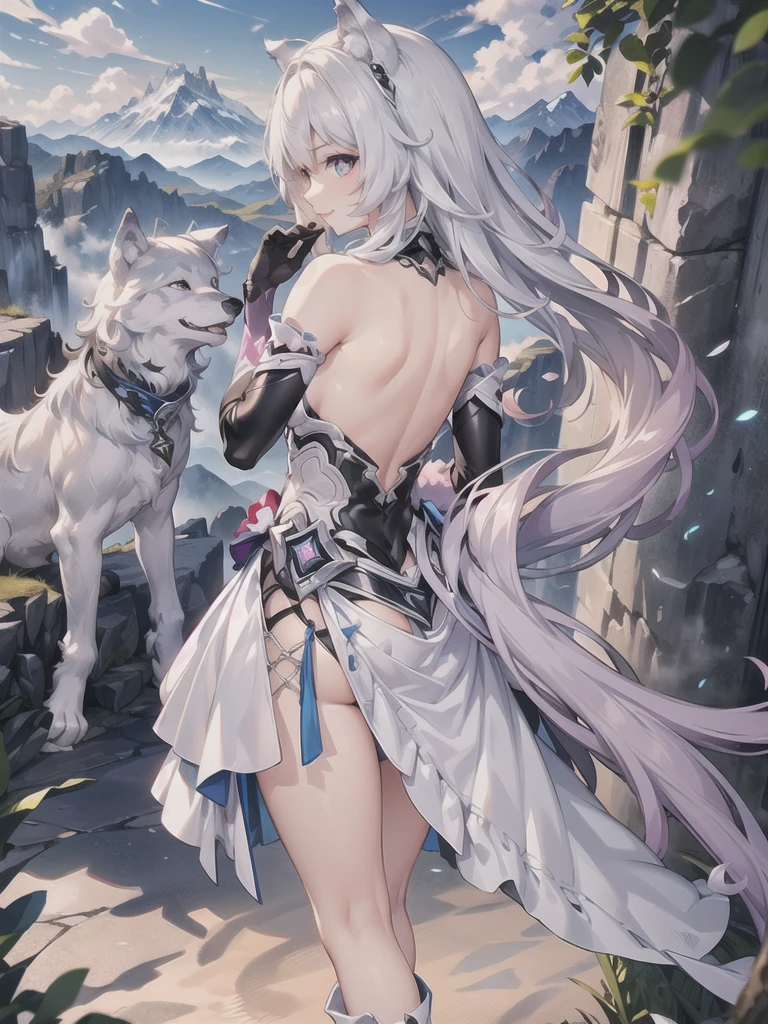 (extremely detailed CG, best qualityer:1.1), 1 girl, face perfect, shiny pupils, (beautiful finely detailed eyes:1.1), ((wolf ear)), ((Wolf tail)), with his back looking at the landscape from the top of the mountain, Broad Hips, narrow waisted, beautiful smile, overskirt (badass clothing), boots with leather trim, elbow gloves, bottom-up view.