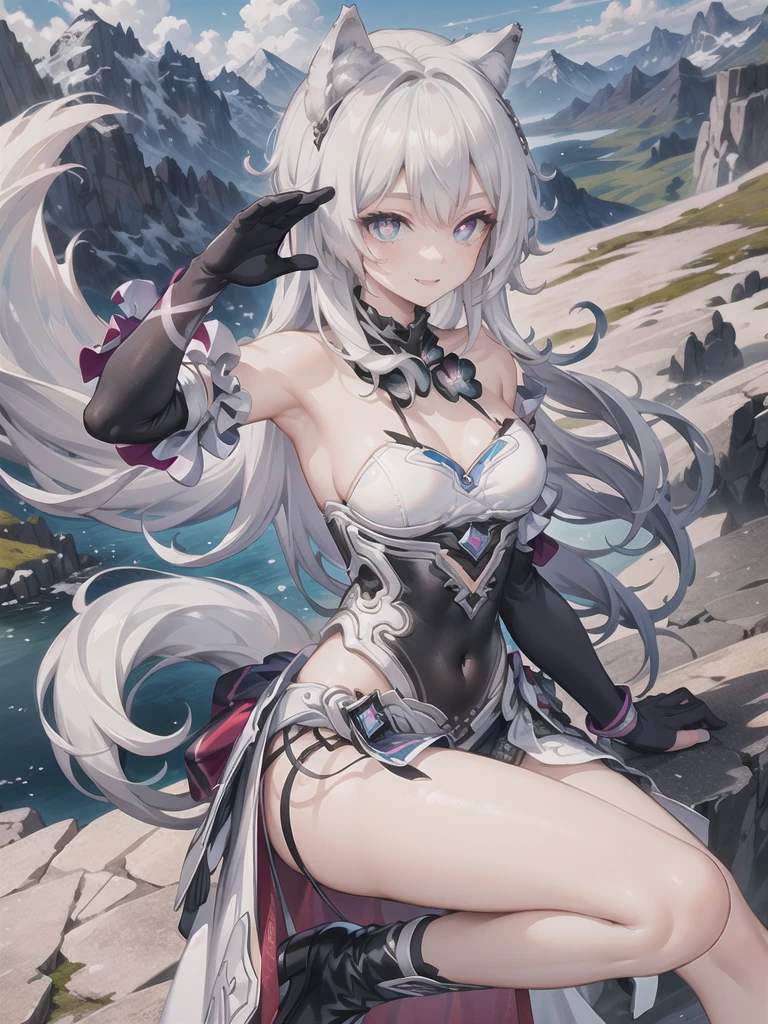 (extremely detailed CG, best qualityer:1.1), 1 girl, face perfect, shiny pupils, (beautiful finely detailed eyes:1.1), ((wolf ear)), ((Wolf tail)), with his back looking at the landscape from the top of the mountain, Broad Hips, narrow waisted, beautiful smile, overskirt (badass clothing), boots with leather trim, elbow gloves, bottom-up view.