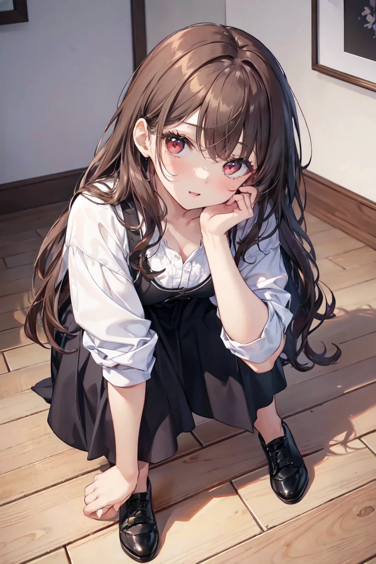 Put your hands on your knees, Top view, (look up:1.2), Tilting Head, (Leaning forward:1.5), masterpiece、Highest quality、 A 25-year-old woman with long wavy brown bangs and red eyes..、Blake She&#39;s wearing a white off-the-shoulder blouse.., embarrassing break, smile, Open your mouth, standing、Background bed、wood、plant、The upper body is shown、alone、