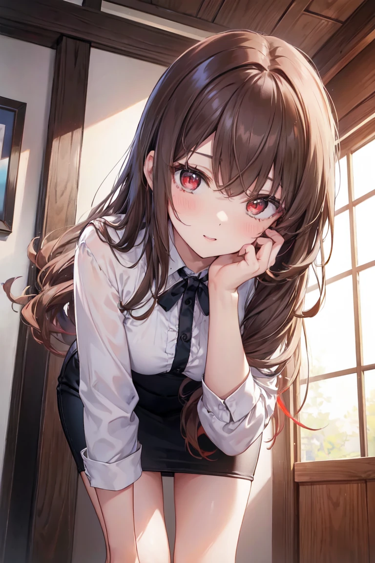 Put your hands on your knees, Top view, (look up:1.2), Tilting Head, (Leaning forward:1.5), masterpiece、Highest quality、 A 25-year-old woman with long wavy brown bangs and red eyes..、Blake She's wearing a white off-the-shoulder blouse.., embarrassing break, smile, Open your mouth, standing、Background bed、wood、plant、The upper body is shown、alone、