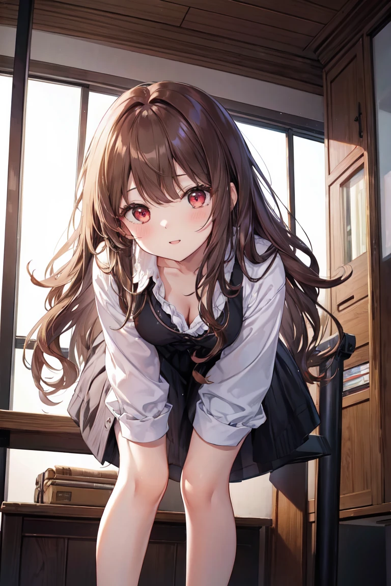 Put your hands on your knees, Top view, (look up:1.2), Tilting Head, (Leaning forward:1.5), masterpiece、Highest quality、 A 25-year-old woman with long wavy brown bangs and red eyes..、Blake She&#39;s wearing a white off-the-shoulder blouse.., embarrassing break, smile, Open your mouth, standing、Background bed、wood、plant、The upper body is shown、alone、