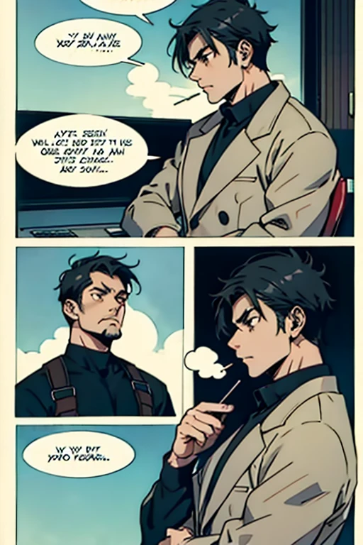 Guy with short black hair smoking and complaining, manga page with panels and dialogue