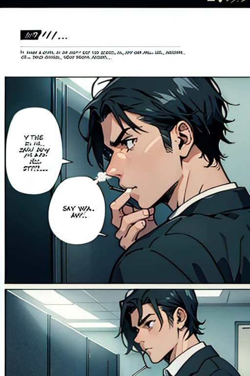  Guy with short black hair smoking and complaining, manga page with panels and dialogue    