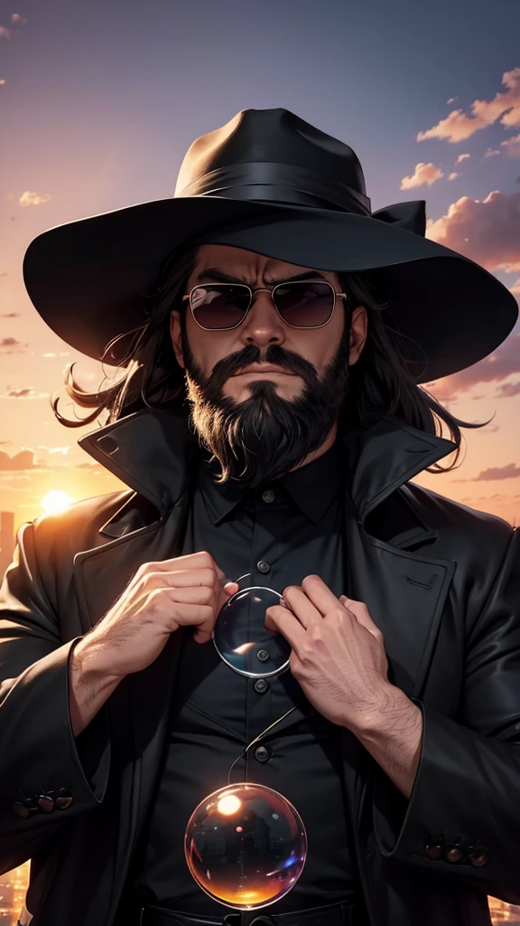 A city with a beautiful sunset with a bearded man in a black coat and sunglasses and a black hat with the power to make soap bubbles and he is looking at the camera and angry 