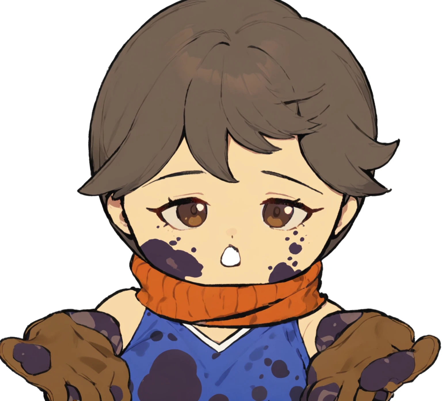 simple background, white background, brown hair, brown eyes , purple spots all over the body, Brown gloves, Blue shirt 