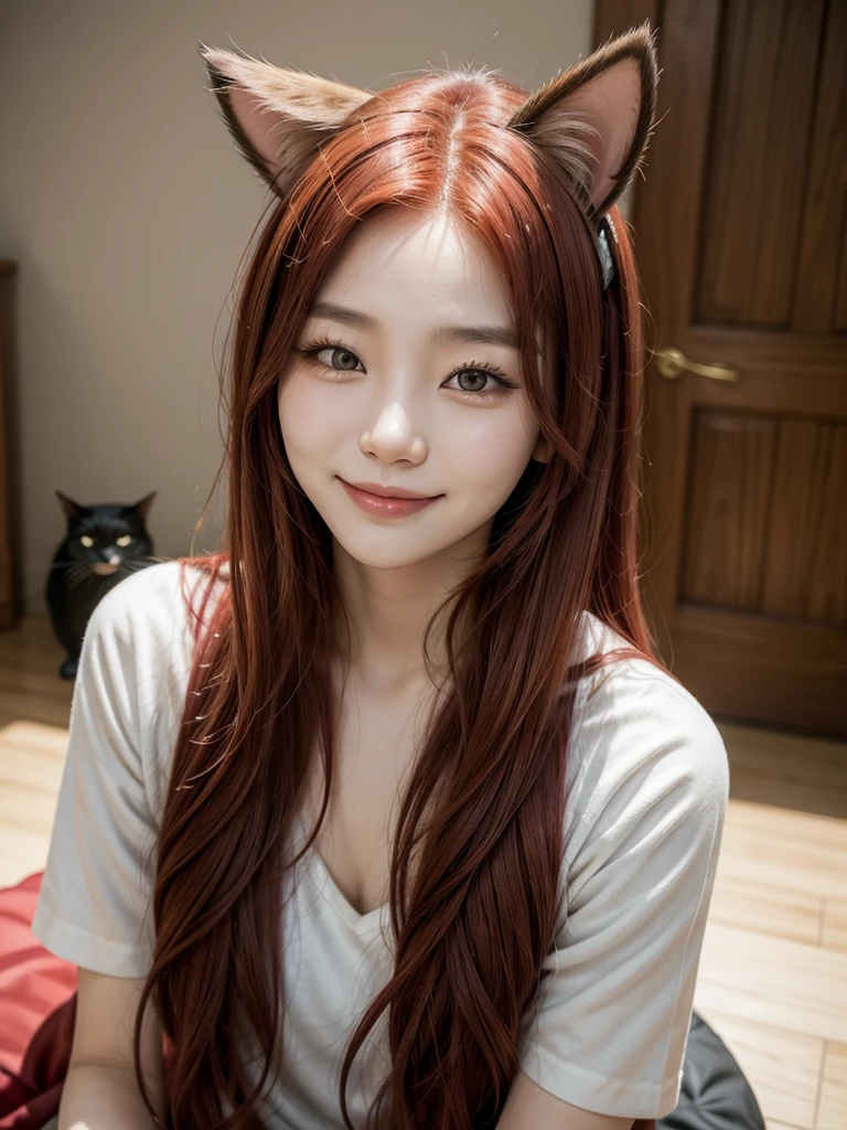  Korean woman with long red hair smiling, Cat's ears, face photo, Inside the house