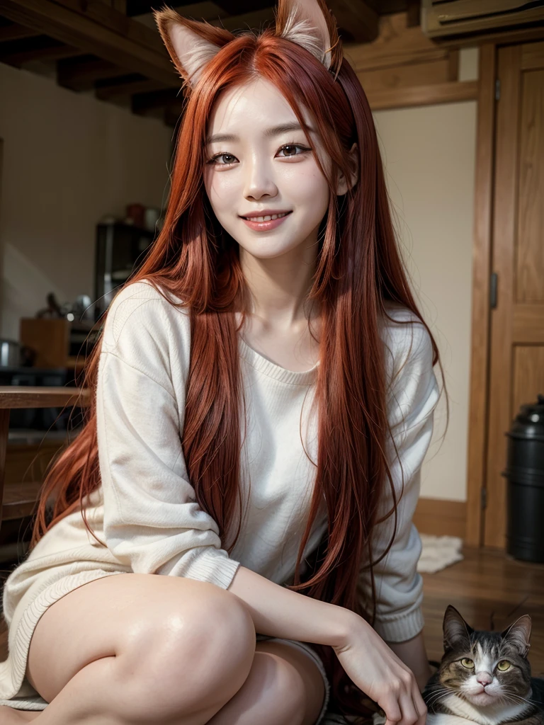  Korean woman with long red hair smiling, Cat's ears, face photo, Inside the house