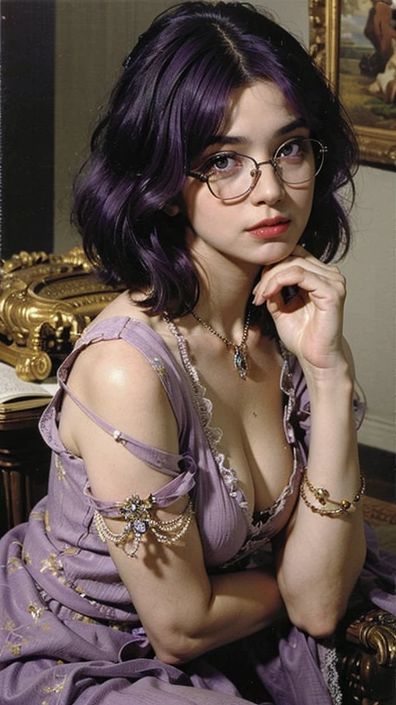 1 girl, mature woman, Masterpiece, Mistress, goddess,short hair ,((purple hair)),glasses