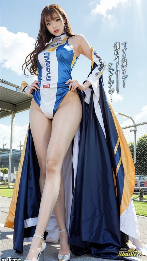 A beautiful tall, long-legged and busty race queen cosplayer standing at a race venue, seen from below