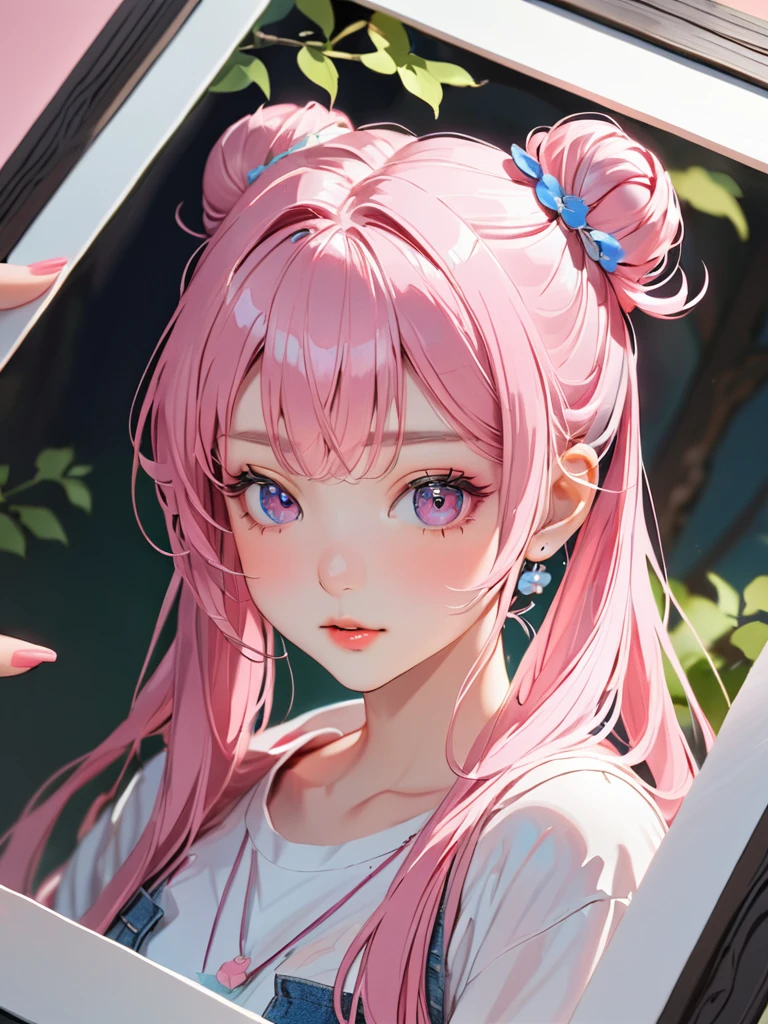 (((How to cut paper))), (The frame of the illustration is a 3D paper cut: 1.2), (colorful), 1 Girl, Pink long hair, Twin tails, cap, denim, shirt, A dog and a girl,masterpiece, Highest quality, High resolution, {Detailed and beautiful eyes}, finely, Detailed and beautiful eyes,1 Girl, (alone:1.5), (Hair Ribbon:0.4), Pink Eyes,(((White bun hair))),(((Long pink hair))),