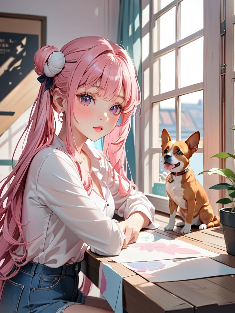 (((How to cut paper))), (The frame of the illustration is a 3D paper cut: 1.2), (colorful), 1 Girl, Pink long hair, Twin tails, cap, denim, shirt, A dog and a girl,masterpiece, Highest quality, High resolution, {Detailed and beautiful eyes}, finely,  Detailed and beautiful eyes,1 Girl, (alone:1.5),  (Hair Ribbon:0.4), Pink Eyes,(((White bun hair))),(((Long pink hair))),